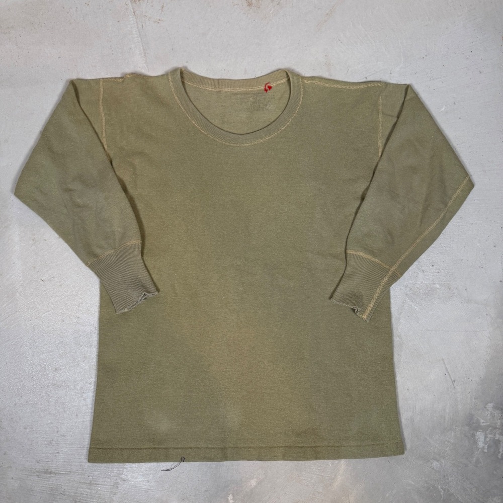 Vintage 1940s Military Long Sleeve Undershirt Olive Drab wool Crew Neck WWII - Picture 1 of 7